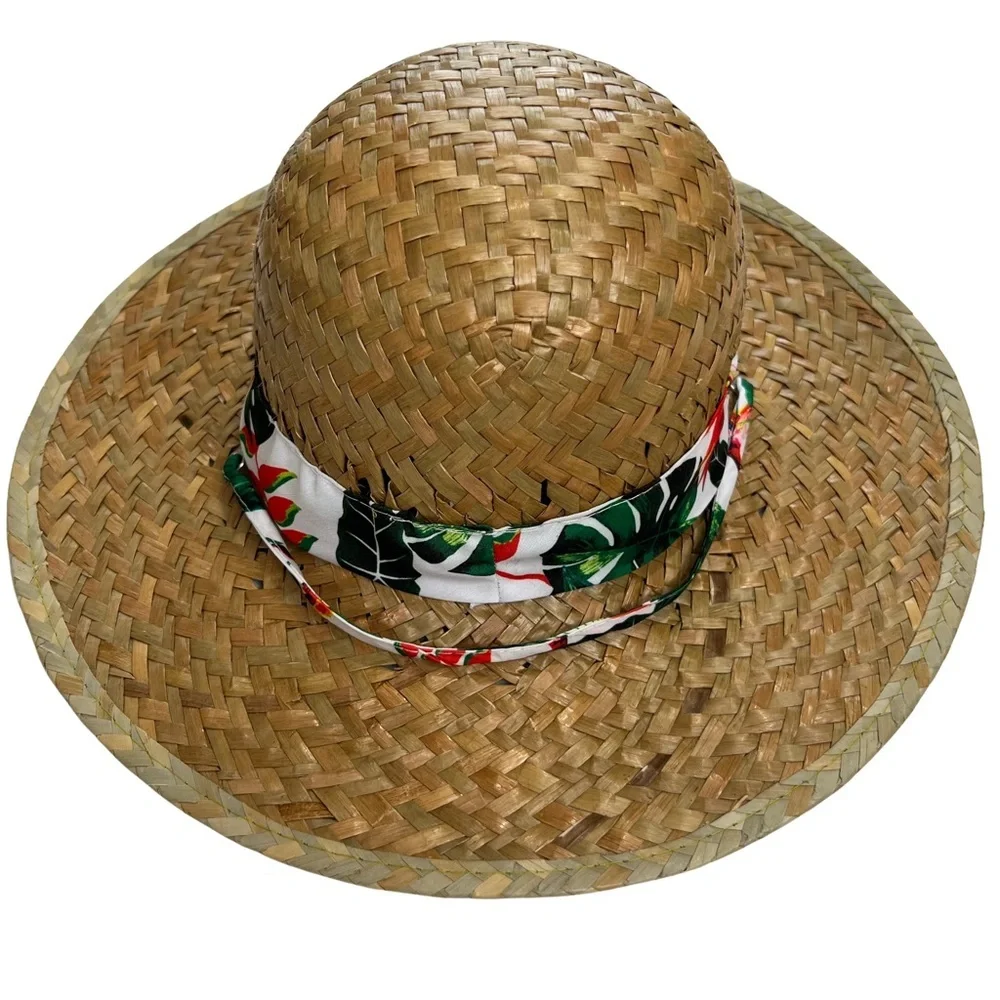Straw Sun Hat Goldcoast Sunwear Tropical Floral Palm Leaf Band Tan White Green